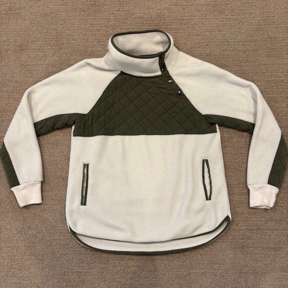 Abercrombie Fitch Womens M Asymmetric Snap Quilted Fleece Pullover -White/Olive - Picture 1 of 7
